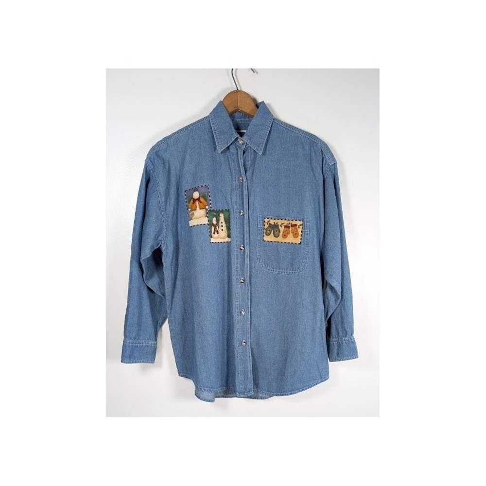 Vintage Primitive Snowman Denim Shirt Womens Small Christmas Winter Cabin Rustic